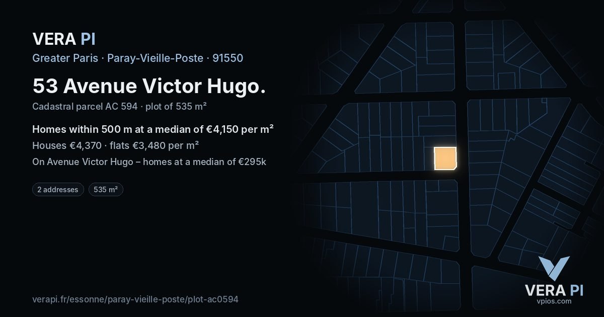 53 Avenue Victor Hugo, Paray-Vieille-Poste at night – the plot lit, the parcels around coloured by the prices near them