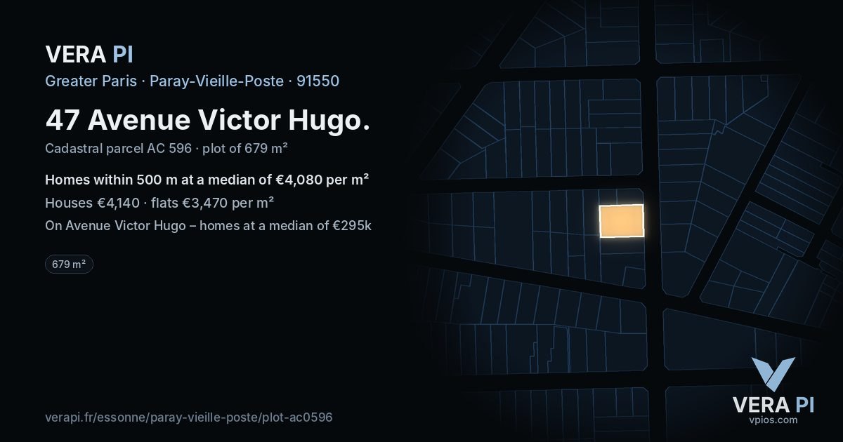 47 Avenue Victor Hugo, Paray-Vieille-Poste at night – the plot lit, the parcels around coloured by the prices near them