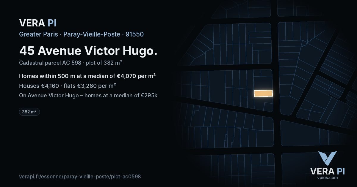 45 Avenue Victor Hugo, Paray-Vieille-Poste at night – the plot lit, the parcels around coloured by the prices near them