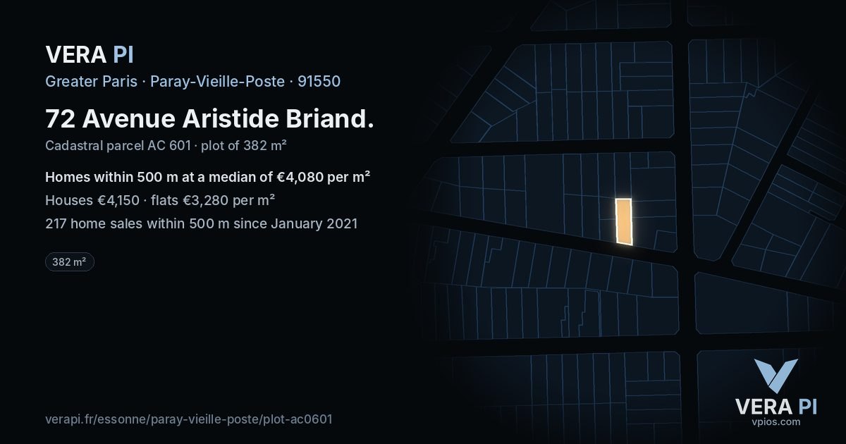 72 Avenue Aristide Briand, Paray-Vieille-Poste at night – the plot lit, the parcels around coloured by the prices near them