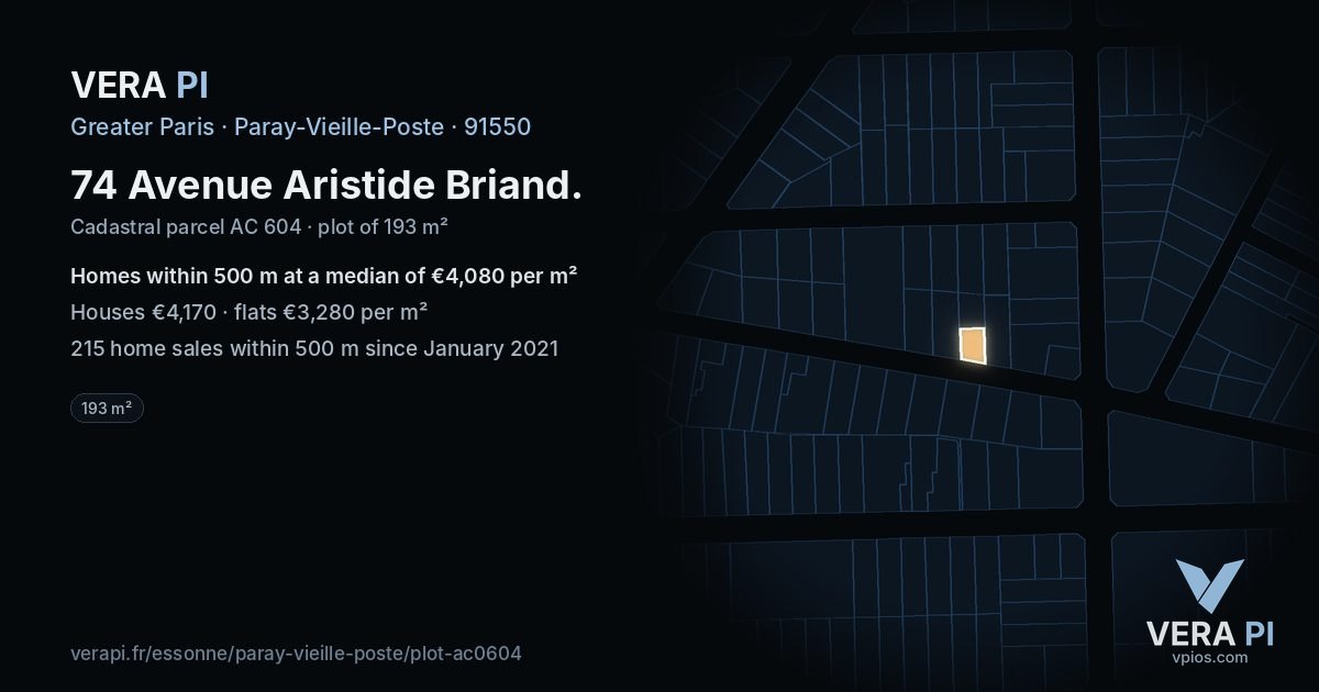 74 Avenue Aristide Briand, Paray-Vieille-Poste at night – the plot lit, the parcels around coloured by the prices near them