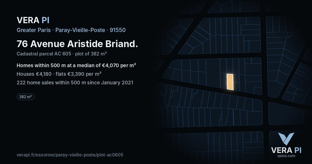 76 Avenue Aristide Briand, Paray-Vieille-Poste at night – the plot lit, the parcels around coloured by the prices near them