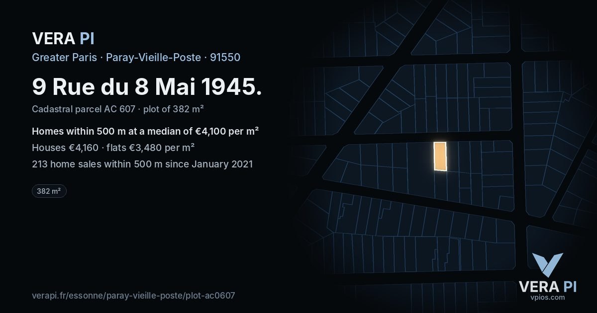 9 Rue du 8 Mai 1945, Paray-Vieille-Poste at night – the plot lit, the parcels around coloured by the prices near them
