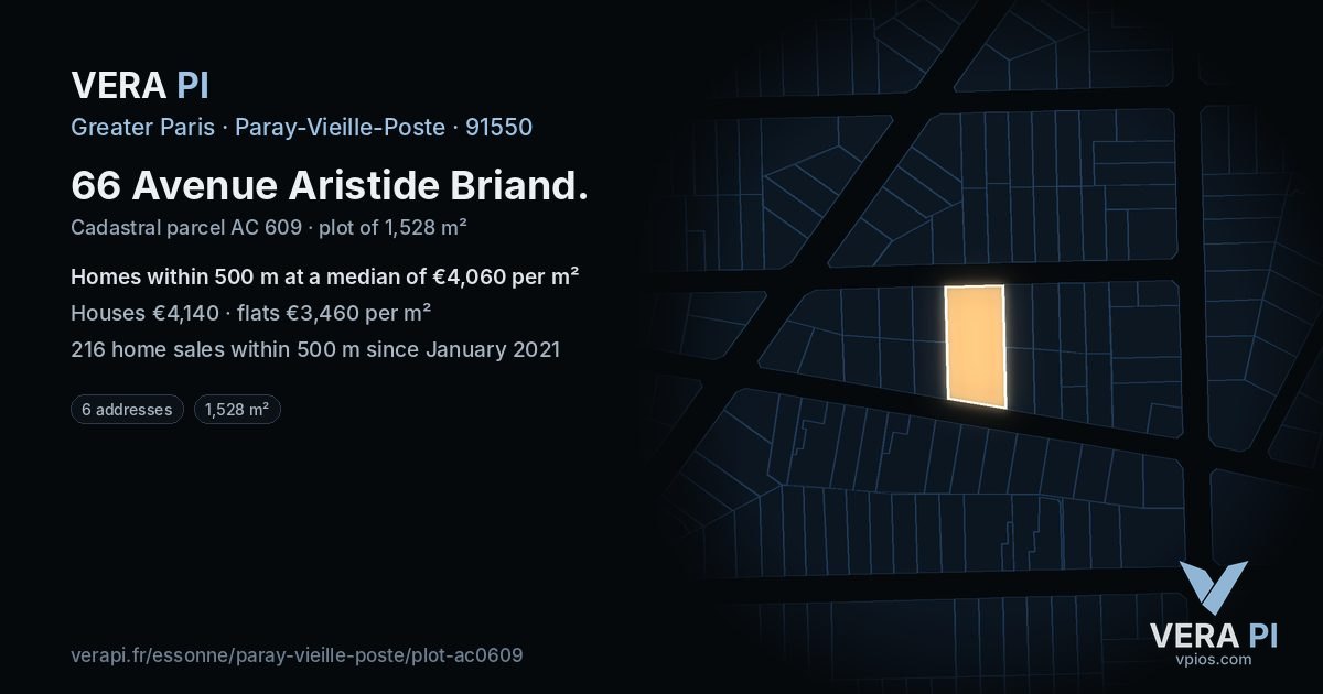 66 Avenue Aristide Briand, Paray-Vieille-Poste at night – the plot lit, the parcels around coloured by the prices near them