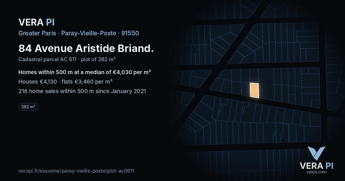 84 Avenue Aristide Briand, Paray-Vieille-Poste at night – the plot lit, the parcels around coloured by the prices near them