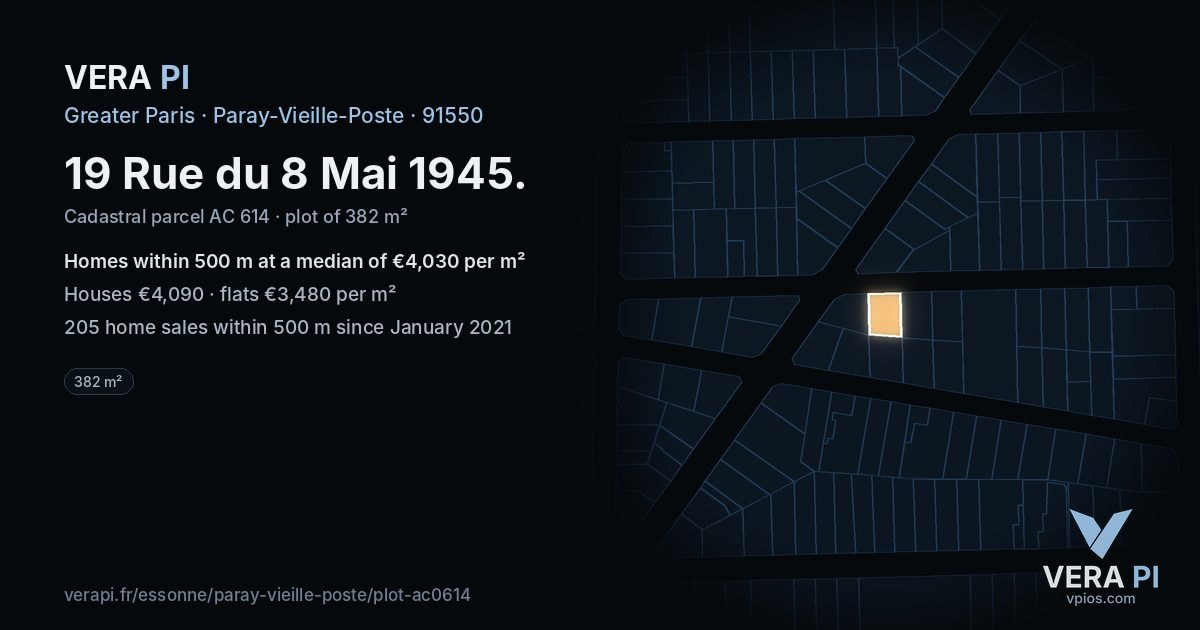 19 Rue du 8 Mai 1945, Paray-Vieille-Poste at night – the plot lit, the parcels around coloured by the prices near them