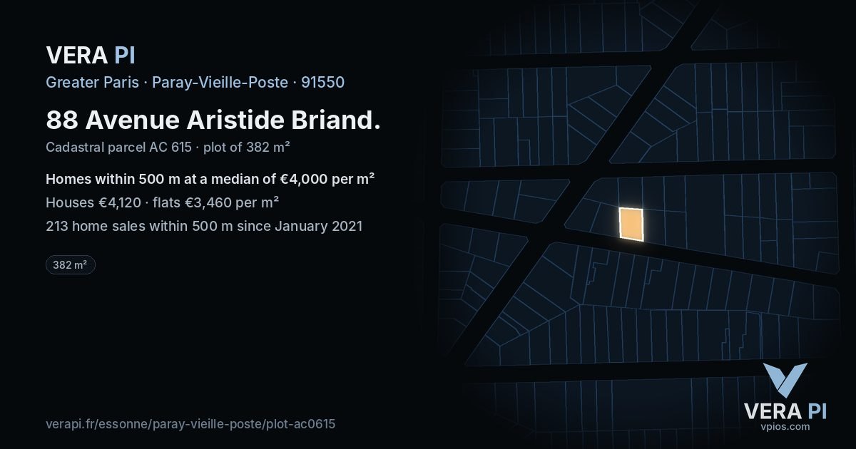 88 Avenue Aristide Briand, Paray-Vieille-Poste at night – the plot lit, the parcels around coloured by the prices near them