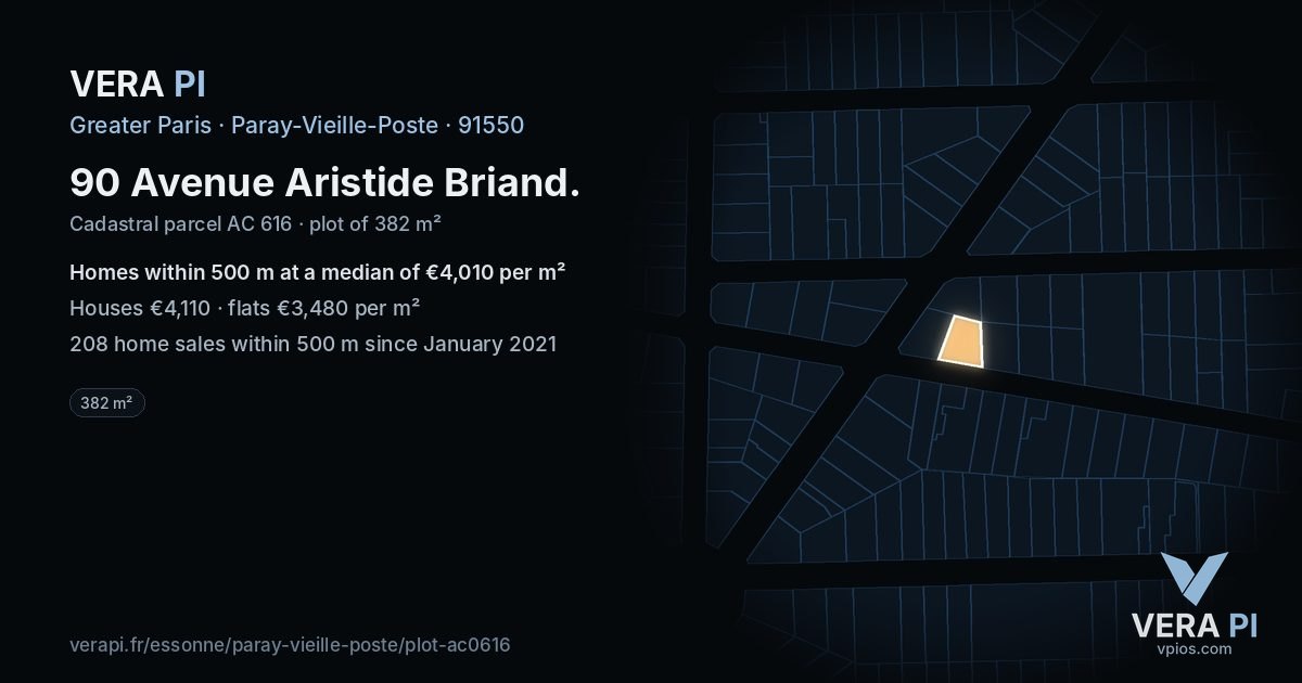 90 Avenue Aristide Briand, Paray-Vieille-Poste at night – the plot lit, the parcels around coloured by the prices near them