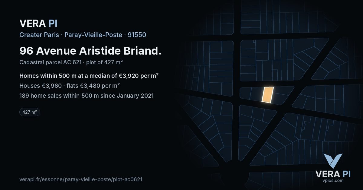 96 Avenue Aristide Briand, Paray-Vieille-Poste at night – the plot lit, the parcels around coloured by the prices near them