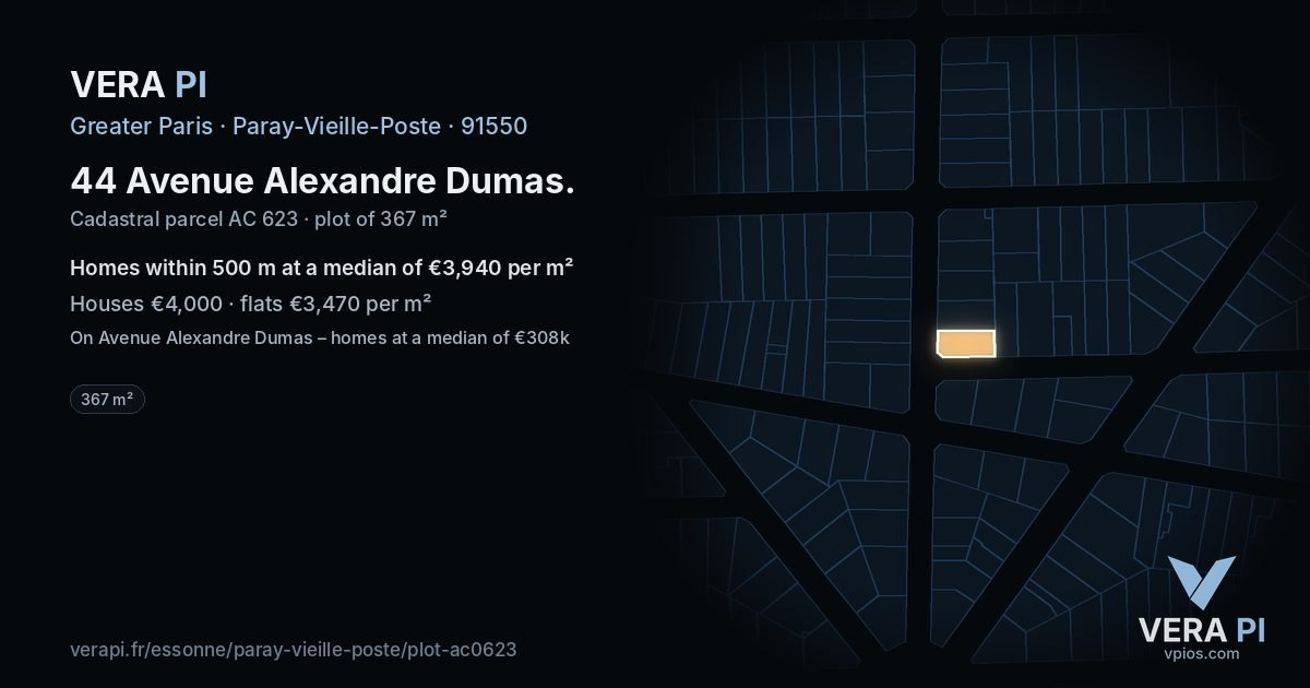 44 Avenue Alexandre Dumas, Paray-Vieille-Poste at night – the plot lit, the parcels around coloured by the prices near them