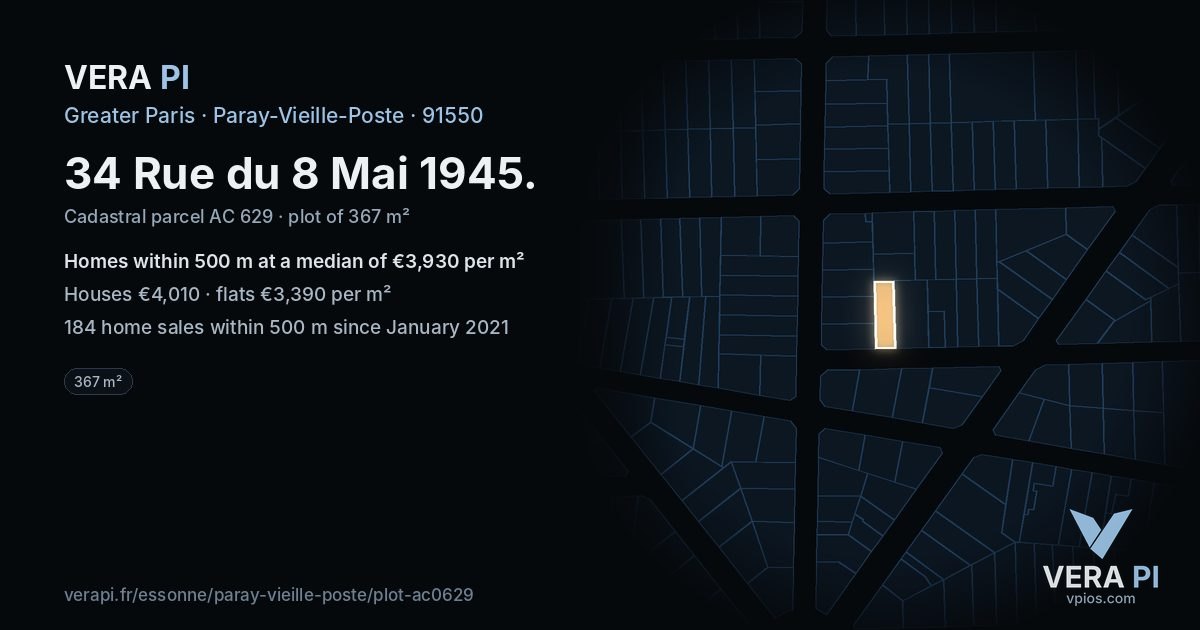 34 Rue du 8 Mai 1945, Paray-Vieille-Poste at night – the plot lit, the parcels around coloured by the prices near them