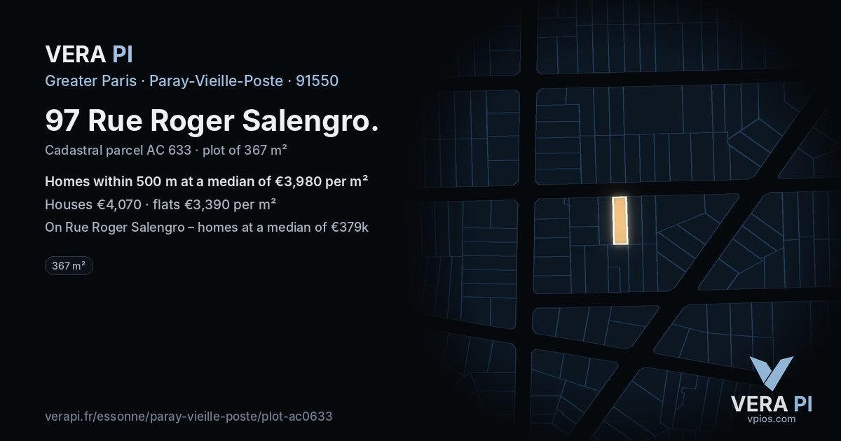 97 Rue Roger Salengro, Paray-Vieille-Poste at night – the plot lit, the parcels around coloured by the prices near them