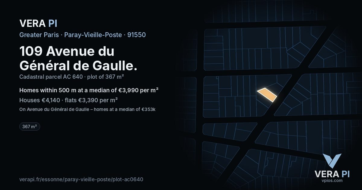 109 Avenue du Général de Gaulle, Paray-Vieille-Poste at night – the plot lit, the parcels around coloured by the prices near them