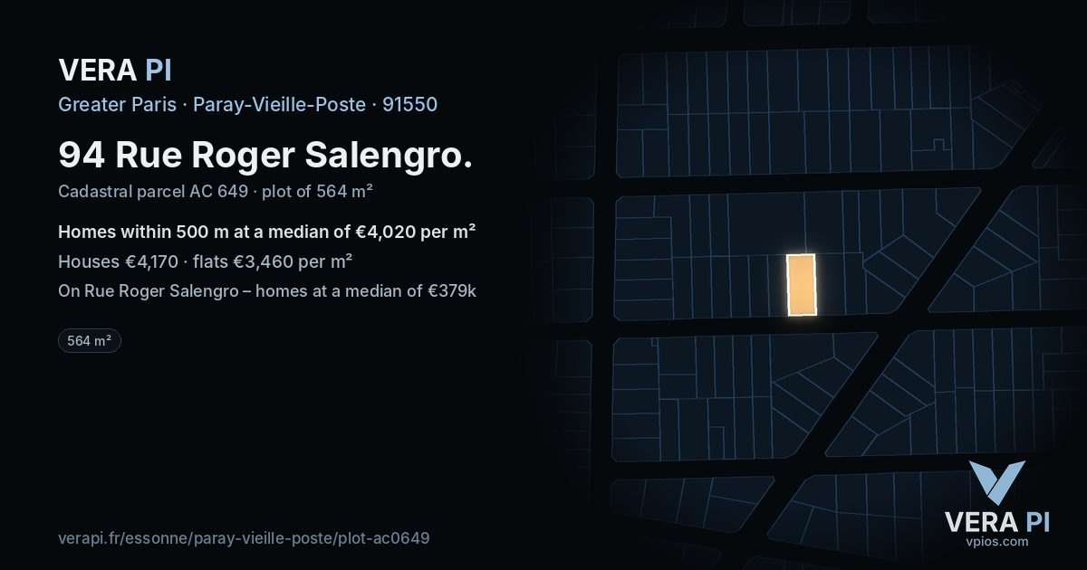 94 Rue Roger Salengro, Paray-Vieille-Poste at night – the plot lit, the parcels around coloured by the prices near them