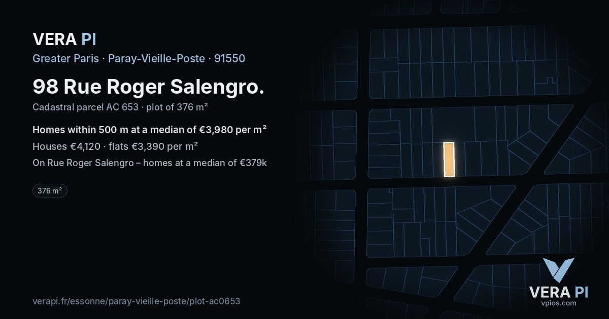98 Rue Roger Salengro, Paray-Vieille-Poste at night – the plot lit, the parcels around coloured by the prices near them