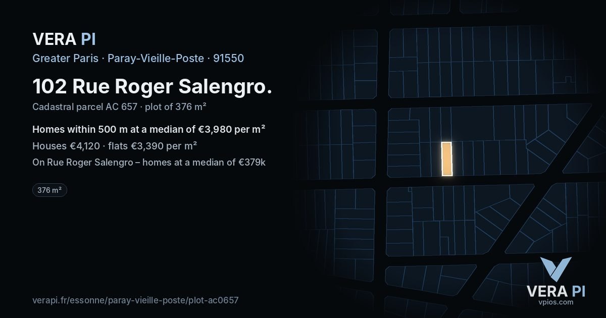 102 Rue Roger Salengro, Paray-Vieille-Poste at night – the plot lit, the parcels around coloured by the prices near them