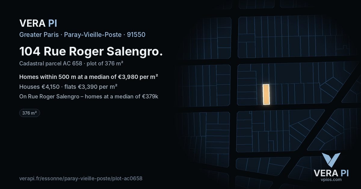 104 Rue Roger Salengro, Paray-Vieille-Poste at night – the plot lit, the parcels around coloured by the prices near them