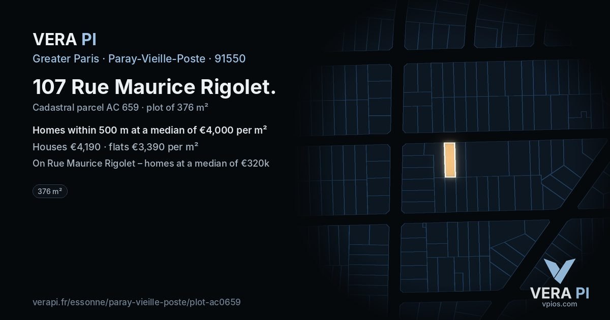 107 Rue Maurice Rigolet, Paray-Vieille-Poste at night – the plot lit, the parcels around coloured by the prices near them