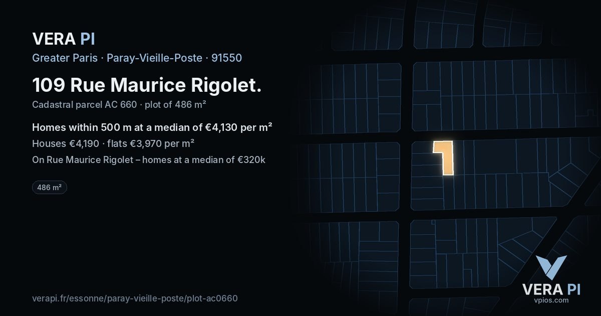 109 Rue Maurice Rigolet, Paray-Vieille-Poste at night – the plot lit, the parcels around coloured by the prices near them