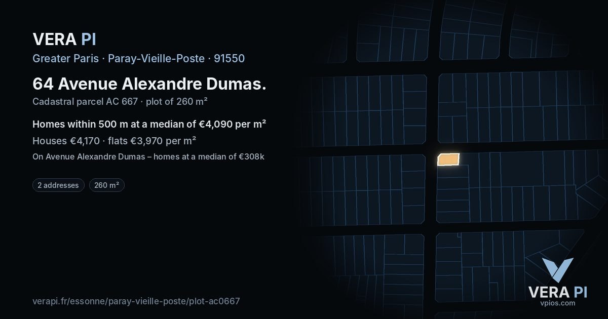 64 Avenue Alexandre Dumas, Paray-Vieille-Poste at night – the plot lit, the parcels around coloured by the prices near them