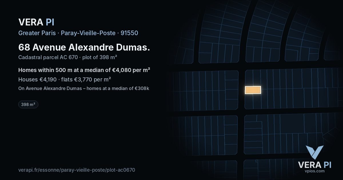68 Avenue Alexandre Dumas, Paray-Vieille-Poste at night – the plot lit, the parcels around coloured by the prices near them