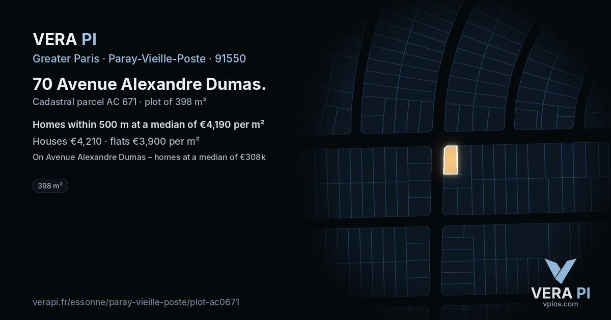 70 Avenue Alexandre Dumas, Paray-Vieille-Poste at night – the plot lit, the parcels around coloured by the prices near them