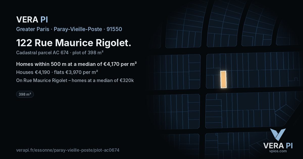 122 Rue Maurice Rigolet, Paray-Vieille-Poste at night – the plot lit, the parcels around coloured by the prices near them