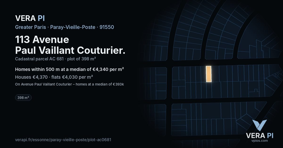 113 Avenue Paul Vaillant Couturier, Paray-Vieille-Poste at night – the plot lit, the parcels around coloured by the prices near them