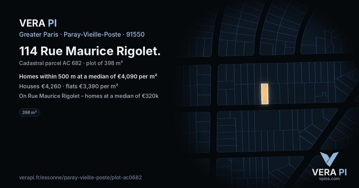 114 Rue Maurice Rigolet, Paray-Vieille-Poste at night – the plot lit, the parcels around coloured by the prices near them