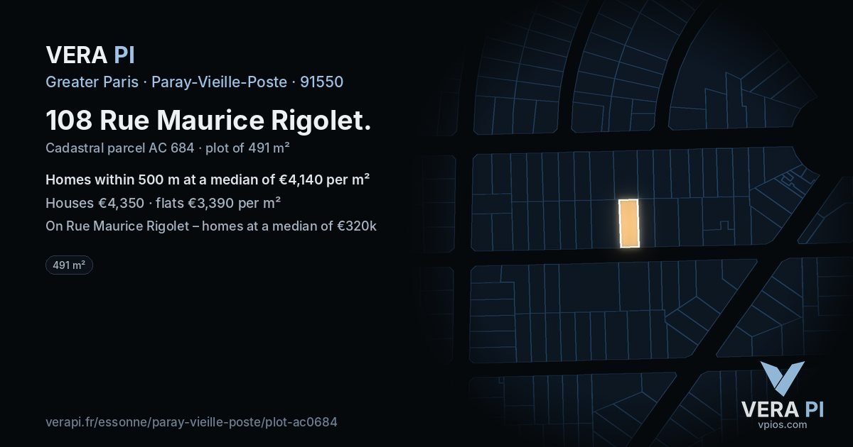 108 Rue Maurice Rigolet, Paray-Vieille-Poste at night – the plot lit, the parcels around coloured by the prices near them