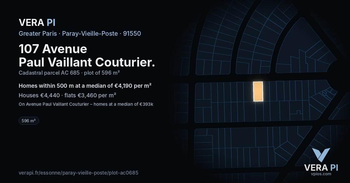 107 Avenue Paul Vaillant Couturier, Paray-Vieille-Poste at night – the plot lit, the parcels around coloured by the prices near them
