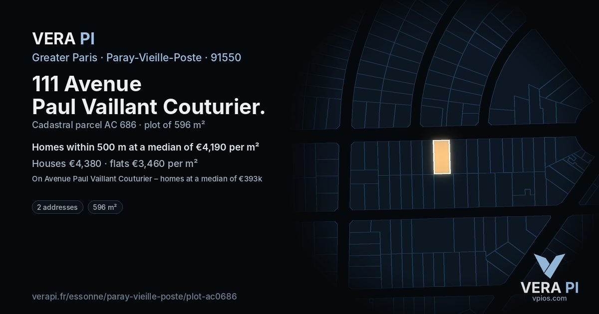 111 Avenue Paul Vaillant Couturier, Paray-Vieille-Poste at night – the plot lit, the parcels around coloured by the prices near them