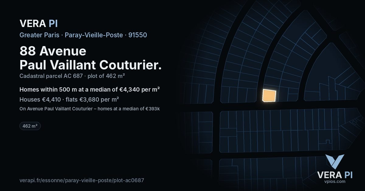 88 Avenue Paul Vaillant Couturier, Paray-Vieille-Poste at night – the plot lit, the parcels around coloured by the prices near them