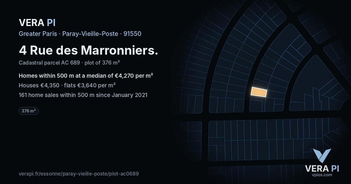 4 Rue des Marronniers, Paray-Vieille-Poste at night – the plot lit, the parcels around coloured by the prices near them