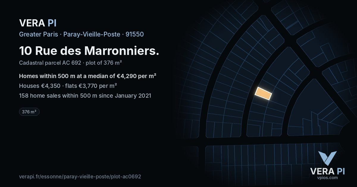 10 Rue des Marronniers, Paray-Vieille-Poste at night – the plot lit, the parcels around coloured by the prices near them