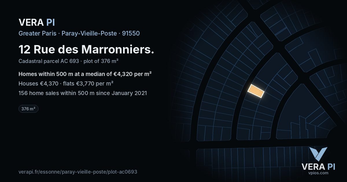 12 Rue des Marronniers, Paray-Vieille-Poste at night – the plot lit, the parcels around coloured by the prices near them