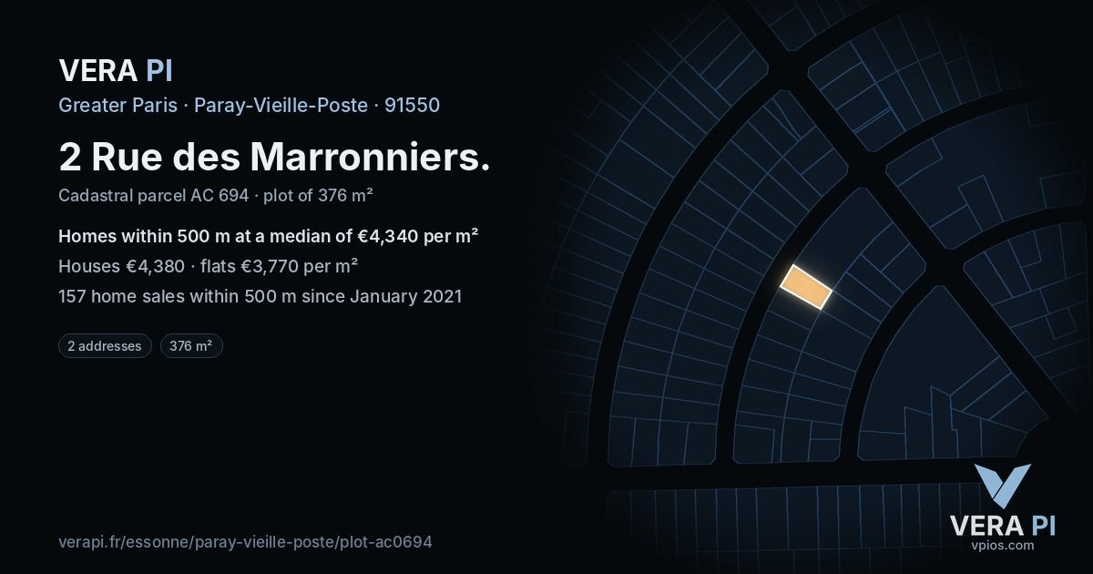 2 Rue des Marronniers, Paray-Vieille-Poste at night – the plot lit, the parcels around coloured by the prices near them