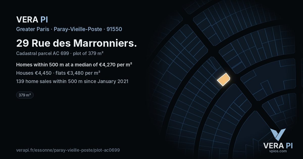 29 Rue des Marronniers, Paray-Vieille-Poste at night – the plot lit, the parcels around coloured by the prices near them
