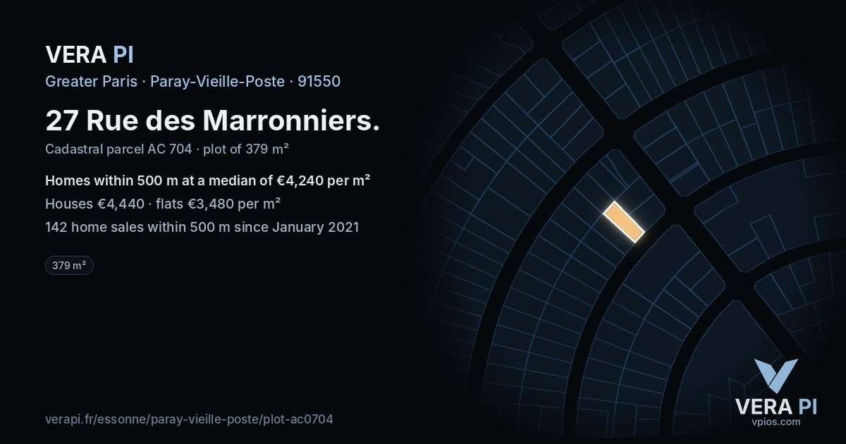 27 Rue des Marronniers, Paray-Vieille-Poste at night – the plot lit, the parcels around coloured by the prices near them