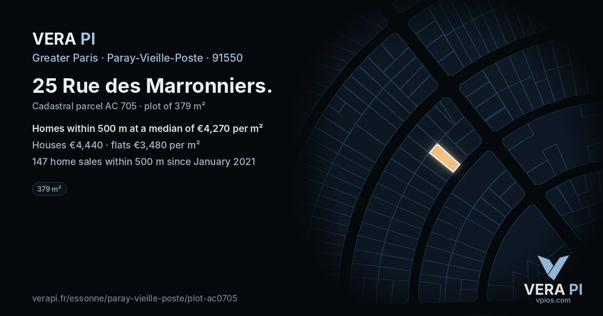 25 Rue des Marronniers, Paray-Vieille-Poste at night – the plot lit, the parcels around coloured by the prices near them