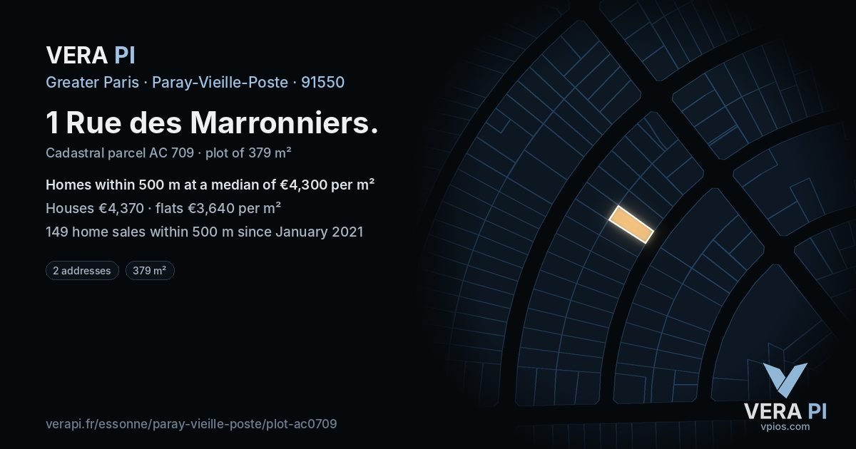 1 Rue des Marronniers, Paray-Vieille-Poste at night – the plot lit, the parcels around coloured by the prices near them