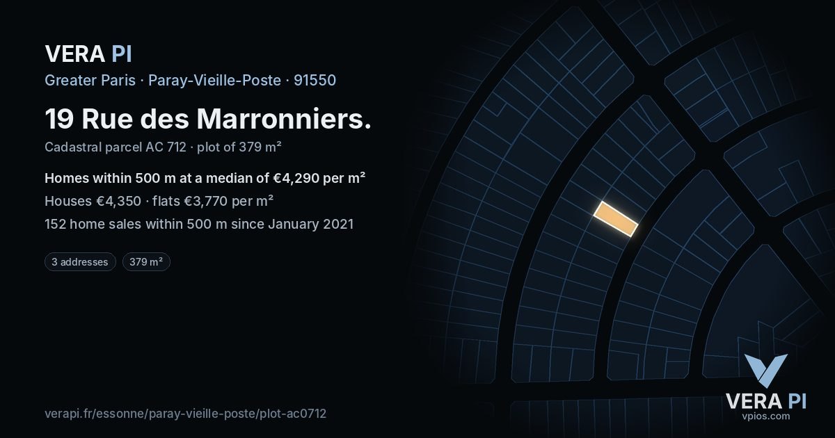 19 Rue des Marronniers, Paray-Vieille-Poste at night – the plot lit, the parcels around coloured by the prices near them