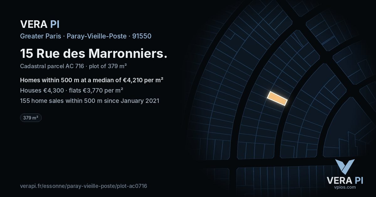 15 Rue des Marronniers, Paray-Vieille-Poste at night – the plot lit, the parcels around coloured by the prices near them