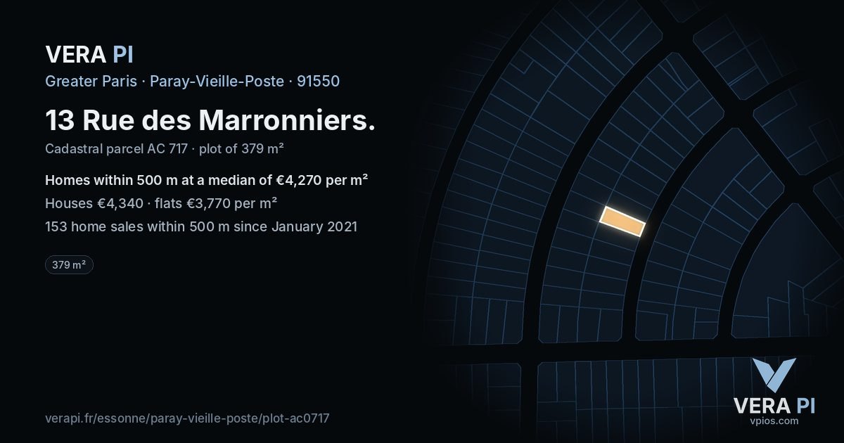 13 Rue des Marronniers, Paray-Vieille-Poste at night – the plot lit, the parcels around coloured by the prices near them