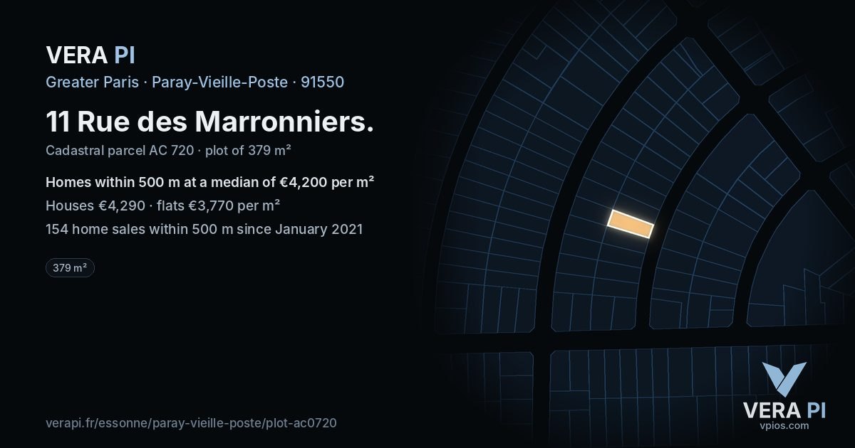 11 Rue des Marronniers, Paray-Vieille-Poste at night – the plot lit, the parcels around coloured by the prices near them
