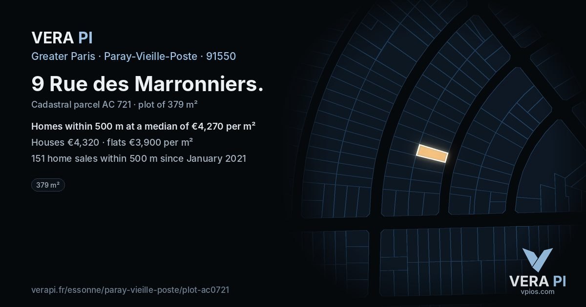 9 Rue des Marronniers, Paray-Vieille-Poste at night – the plot lit, the parcels around coloured by the prices near them