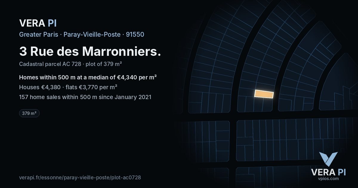 3 Rue des Marronniers, Paray-Vieille-Poste at night – the plot lit, the parcels around coloured by the prices near them