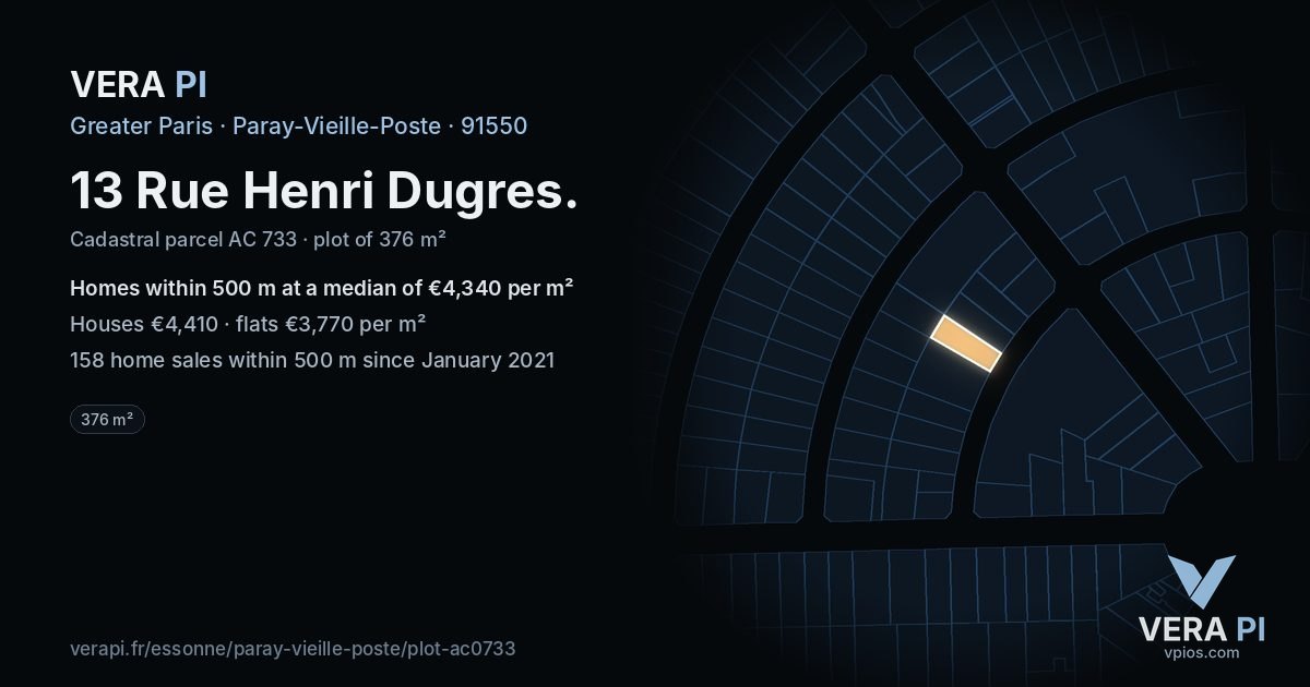 13 Rue Henri Dugres, Paray-Vieille-Poste at night – the plot lit, the parcels around coloured by the prices near them