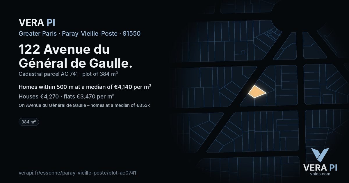 122 Avenue du Général de Gaulle, Paray-Vieille-Poste at night – the plot lit, the parcels around coloured by the prices near them