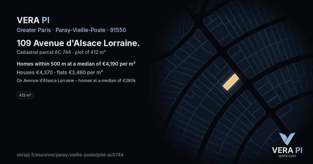 109 Avenue d'Alsace Lorraine, Paray-Vieille-Poste at night – the plot lit, the parcels around coloured by the prices near them